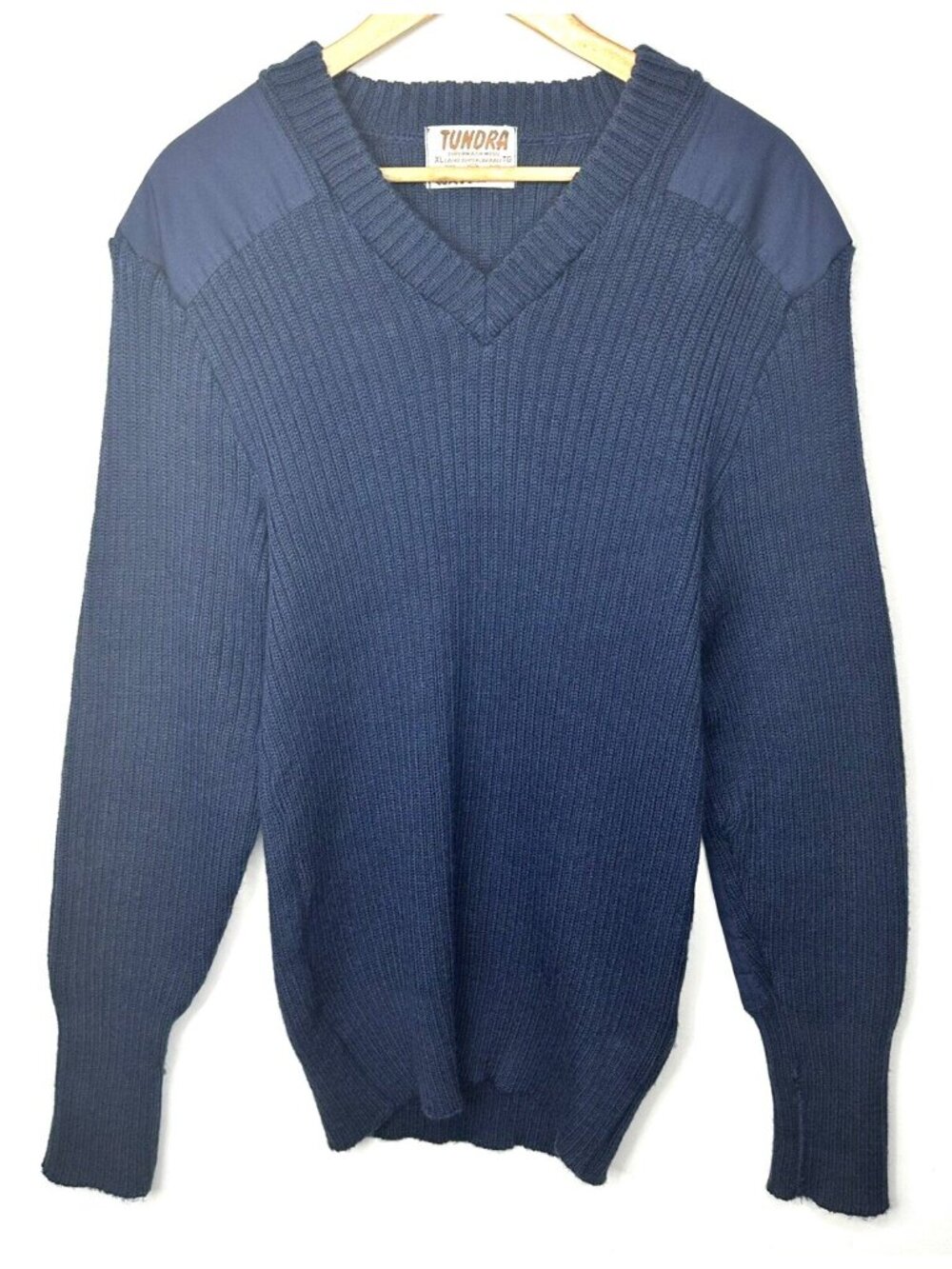 Vintage Tundra Wool Commando Sweater Men XL Blue V Neck Military Shoulder Patch